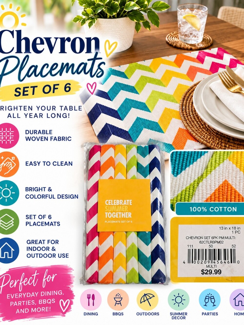 NWT Celebrate Summer Together Chevron Placemats Set of 6 Multicolor Cotton
